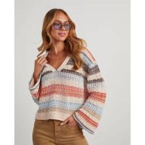 Vici Women Size M Multicolor Striped Open Knit Oversize Bell Sleeve Sweater Boxy